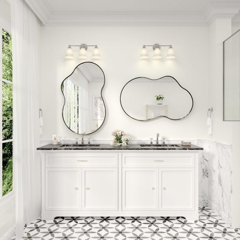 Asymmetrical Tempered Glass and metal Alloy Framed French Cleat Mounted Wall Decor Bathroom Vanity Mirror, 40" x 24"