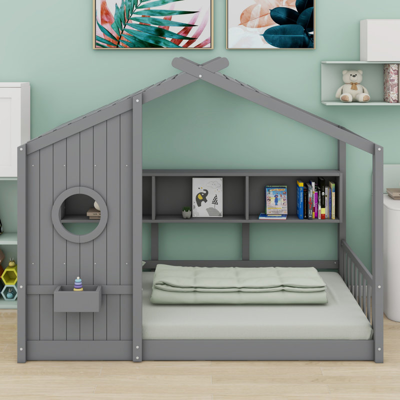 Lit sur pied avec tablette de rangement, Gris, Lit simple