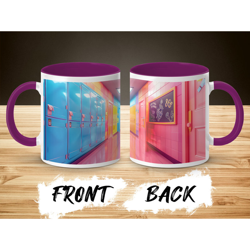 Kids Drawing Style 11oz Accent Mugs – Ceramic Coffee Cup with a Purple Handle and Interior
