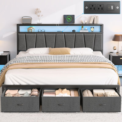 Cadre de lit King Size avec plateforme rembourrée, tête de lit DEL, 3 tiroirs de rangement, station de recharge, sans sommier, lin gris