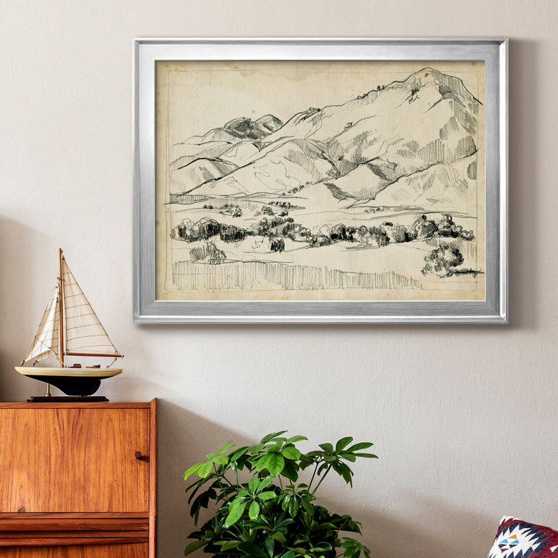 Croquis de montagne I, Papier avec cadre argenté, H 18,5 po x l 24,5 po x P 1 po, Pas de tapis