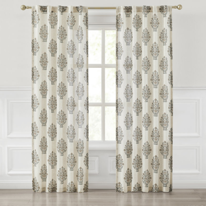 Sofia Flower Block Bouquet Linen Textured Window Curtain Panels Clay/Teal Pair 37x84