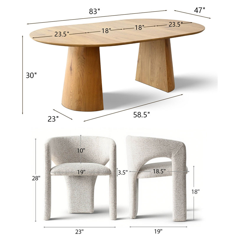 47"-83" Extendable Round To Oval Dining Table Set, Modern Wood Pedestal Dining Table With Upholstered Barrel Chairs