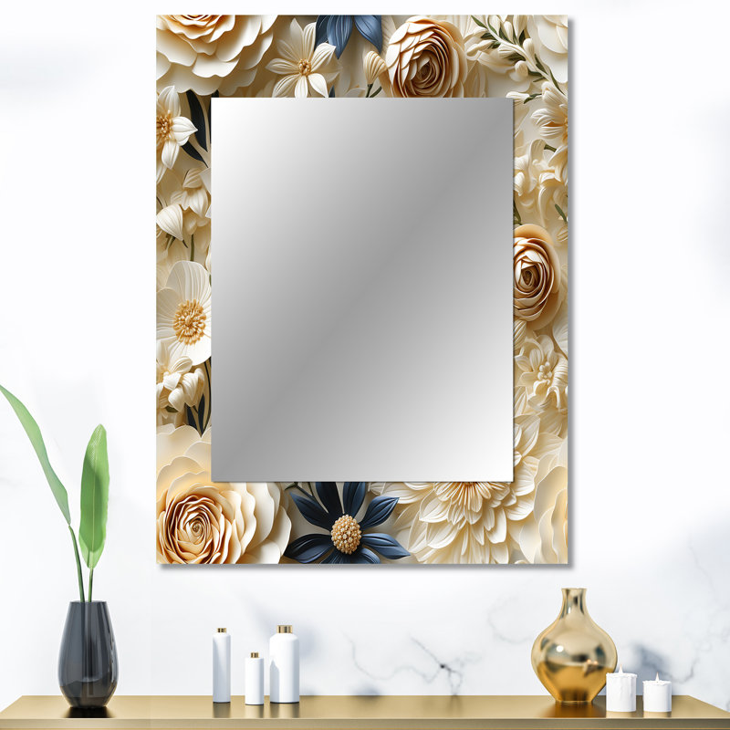 Jackson Cream Lace Botanics - Floral Unique Mirror, Cottage Large Wall Mirror, Printed Metal Art, 40" x 30"