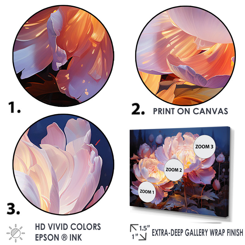 Peony Petals Elegance III sur impression sur toile, H 30 po x l 40 po x P 1,5 po, Cadre simple noir