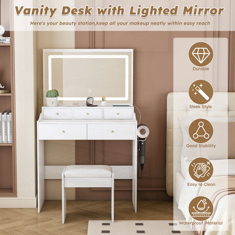 Modern Large Mirror Vanity Desk with Power Outlet, Hair Dryer Holder, 5 Drawers, and 3 Lighting Color Adjustable Dressing Table for Bedroom