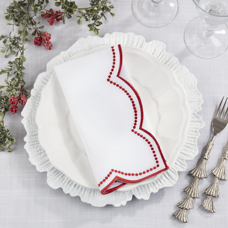 Red Embroidered Polka Dot Scallop Border Cloth Napkins 20" W X 20" L, Set Of 4, Red