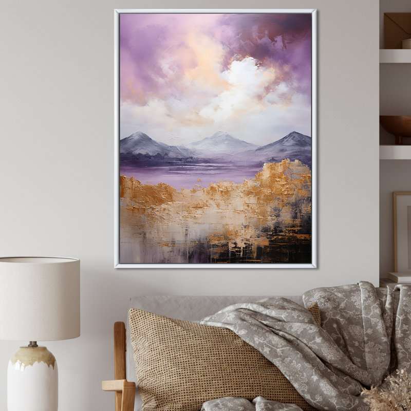 Mauve et doré paysage de montagne I - Art abstrait paysage mural, Cadre flottant blanc, H 44 po x l 34 po x P 1,5 po