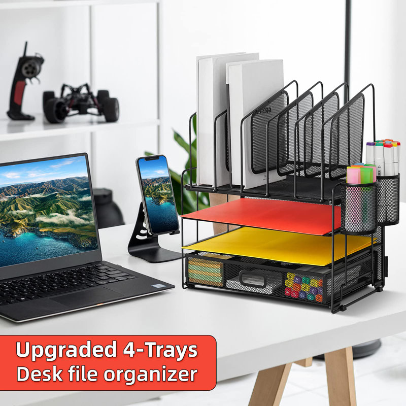 Desk Organizer With Drawer, 4-Tier Mesh Desk File Organizer With 5 Vertical File Holders And 2 Pen Holders, Multifunction Desktop Organizer