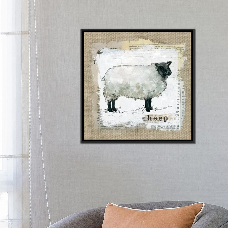 «Burlap Sheep», impression sur toile, H 18 po x l 18 po x P 1,5 po, Toile avec cadre noir, Pas de tapis