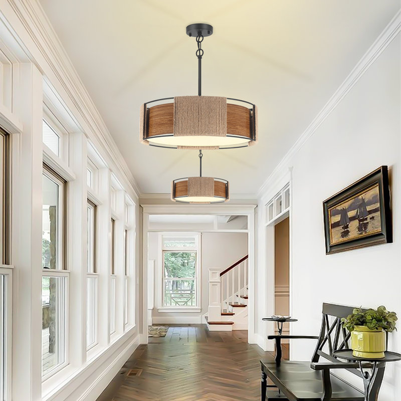 Amonte 4 - Light Dimmable Farmhouse Metal Wood Grain Drum Chandelier for Kitchen Island Dining Room Entryway
