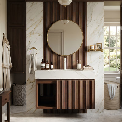 Meuble-lavabo flottant mural de 30 po avec porte cannelée 3D et tablette ouverte, armoire en contreplaqué, plateau en pierre frittée blanche de Carrare et lavabo en céramique (noyer)