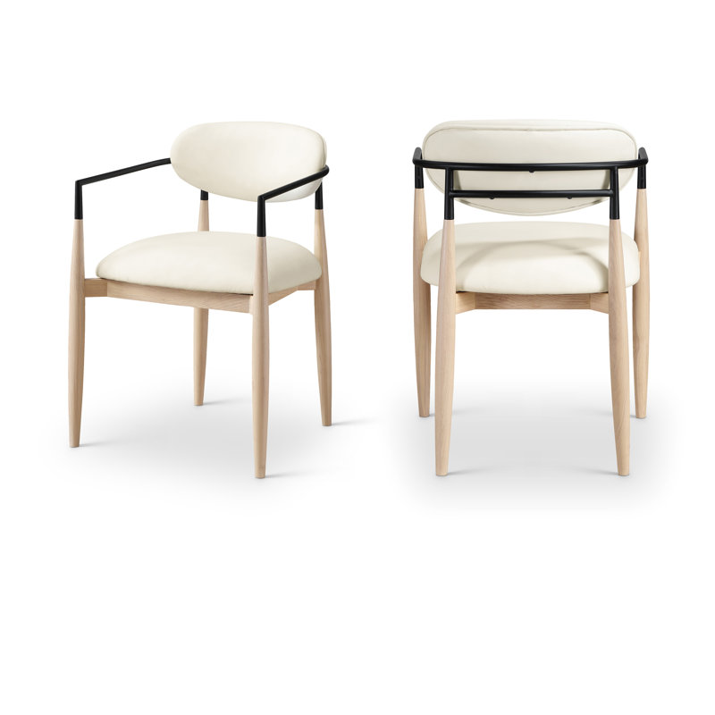 Riccio Vegan Leather Upholstered Dining Arm Chair, Cream Vegan Leather, Stained Natural / Powder Coated Black