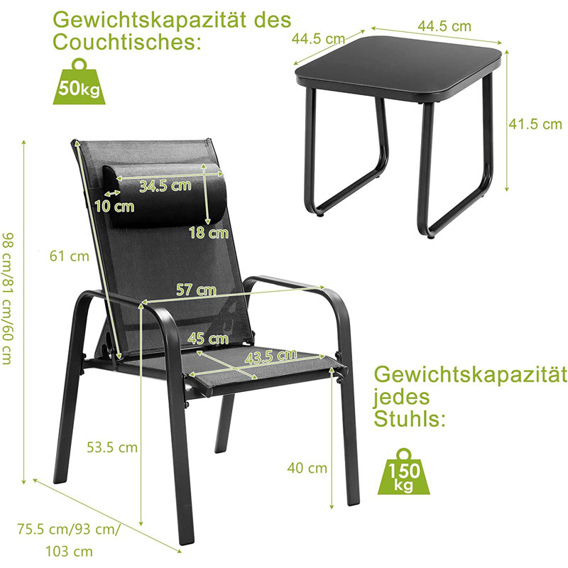 Godoy 2 - Person Patio Dining Set Square Table with Cushions Included, Black, Black