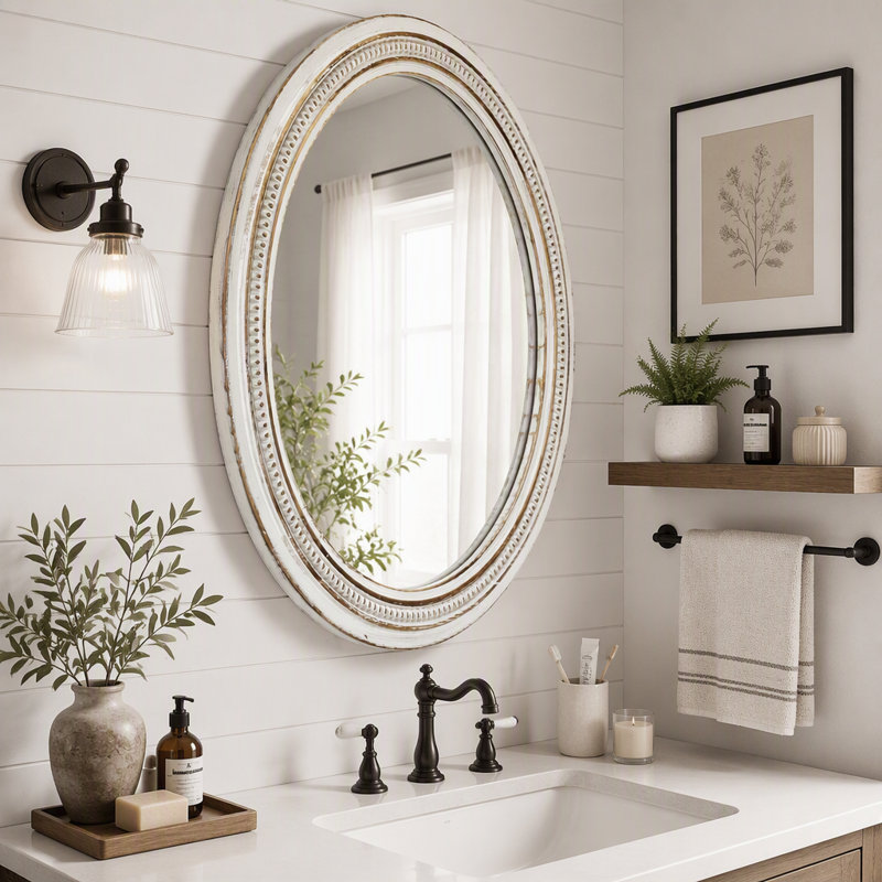 Miroir mural rétro vintage, cadre décoratif blanc patiné 27,56 po