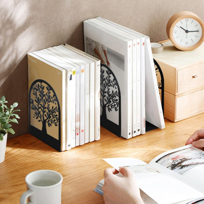2 Pairs Black Non-skid Tree Of Life Metal Decorative Bookends 