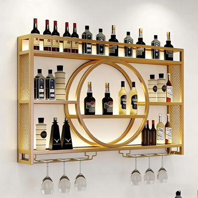 Support à vin mural avec lumière DEL, tablettes de bar 39,4 po et porte-verre, support à vin mural en métal industriel pour cuisine, bar, salle à manger (doré, 100 cm / 39,4 po)