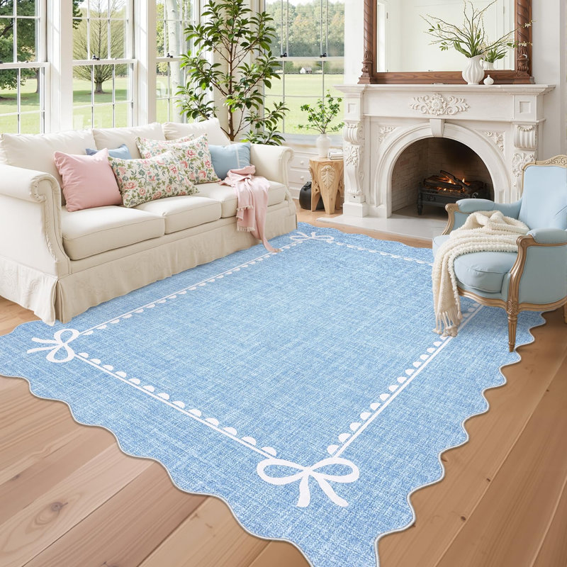  Scalloped Bow Rug for Living Room, Solid Blue Rug for Dorm, Washable Rugs 9x12 Soft Low Pile Non Slip Scalloped Rugs for Nursery College Bedroom Decor Kids Room Playroom and Home Office
