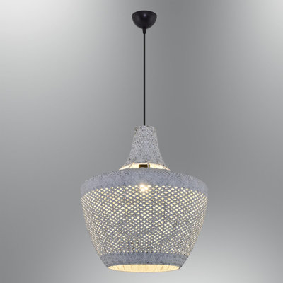 Cassen Elegant White Chandelier with Rattan Cap, 15.7 in Diameter x 47.2 in Height | 24W Energy Saving E27, Plastic Body | Ideal for Living Room, Dining Room & Entryways | Modern Design, Bulb Not Included