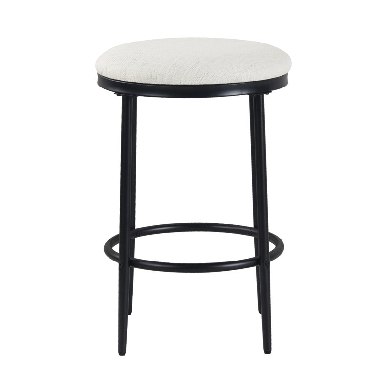 Ebern Designs Upholstered Metal Barstool, Stain-Resistant Cream Woven