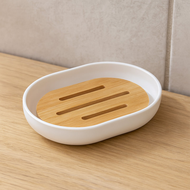 Distributeur de savon à vaisselle avec plateau en bambou PADANG, Blanc/brun