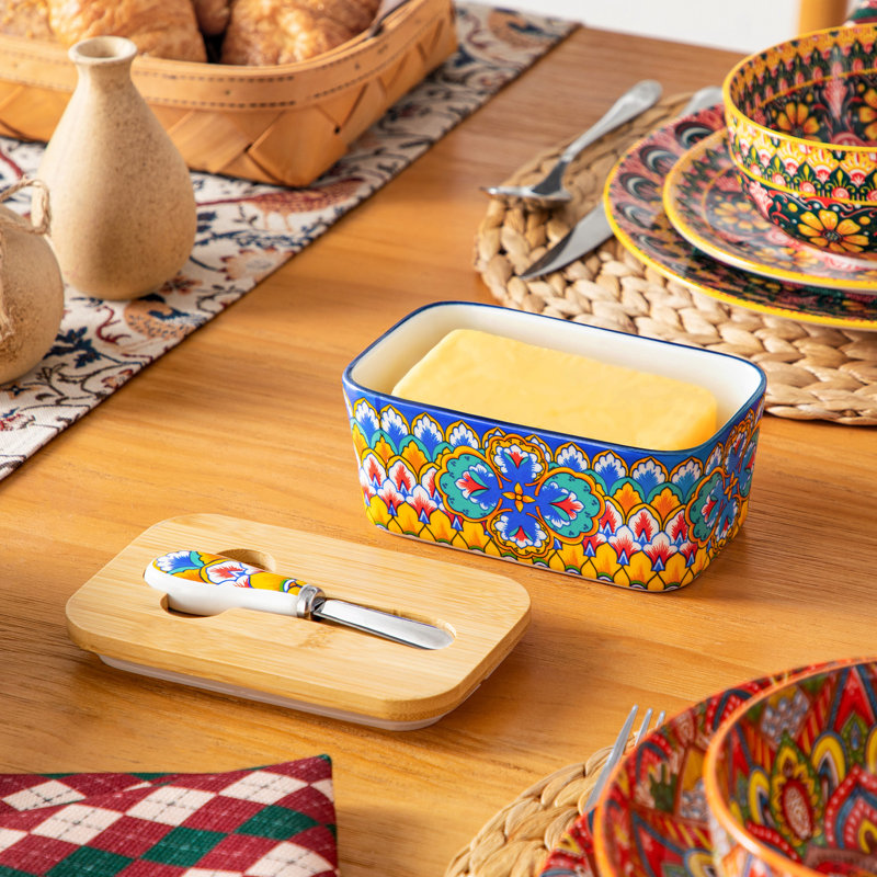 Beurrier bohémien en céramique avec couvercle en bois et couteau à beurre, garde-beurre décoratif en céramique avec 4 options de motif, contenant à beurre pour comptoir de cuisine