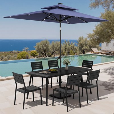 6-Person Aluminum Outdoor Dining Set With Stacking Chairs, Solar LED Light Umbrella And Weighted Base