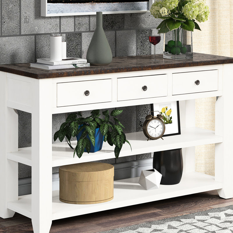 48,5 po de largeur, table d'appoint en bois de pin massif, 3 tiroirs, 2 tablettes, design américain rétro, structure robuste, utilisation multifonctionnelle, facile à assembler, console de vestibule brun avec tiroirs et