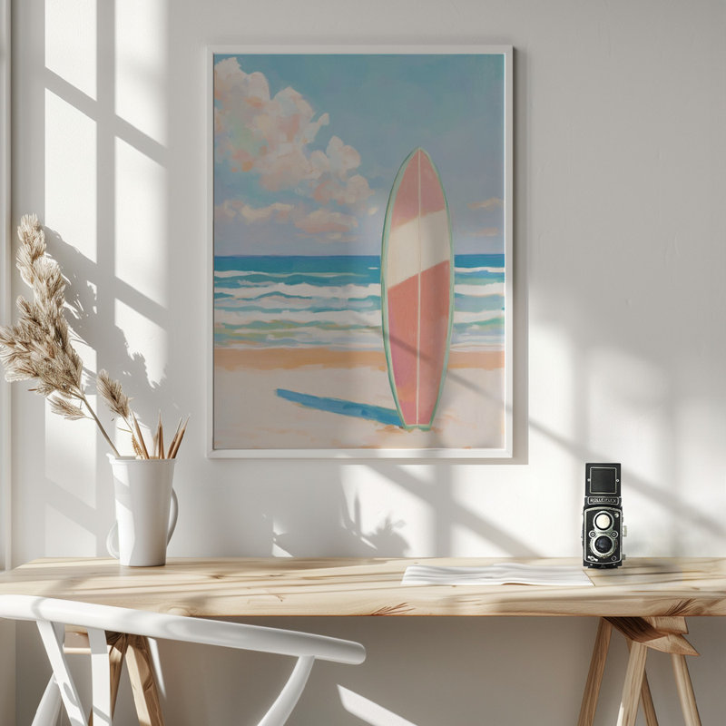 «Sea Beach Surfboard», art mural texturé encadré, Cadre blanc, H 14 po x l 10 po