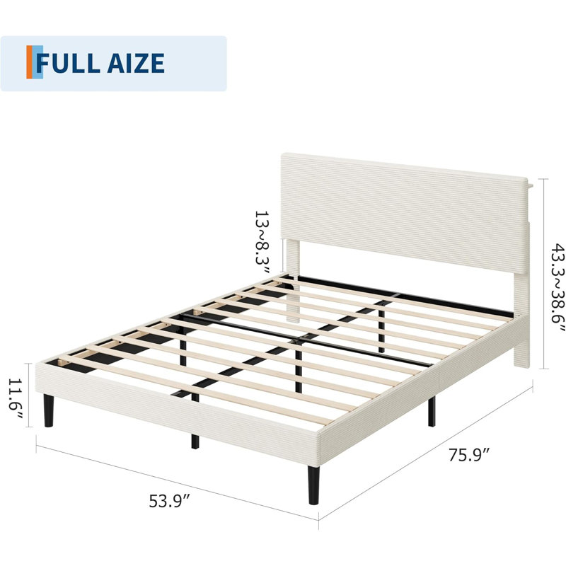Structure de lit double avec station de charge USB, structure de lit tapissier en velours côtelé avec tête de lit réglable, support de lattes en bois, aucun sommier nécessaire, assemblage facile, beige