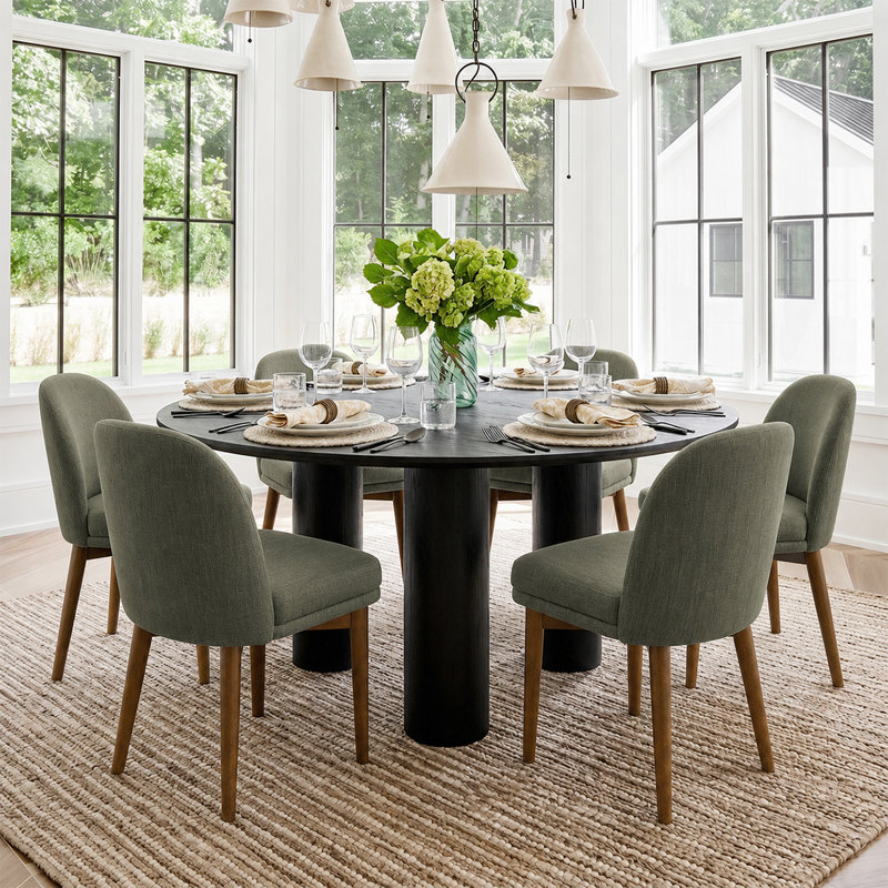 Modern 7-Piece Round Dining Set With Multi-Pedestal Base Table And Upholstered Wood-Leg Chairs, Green