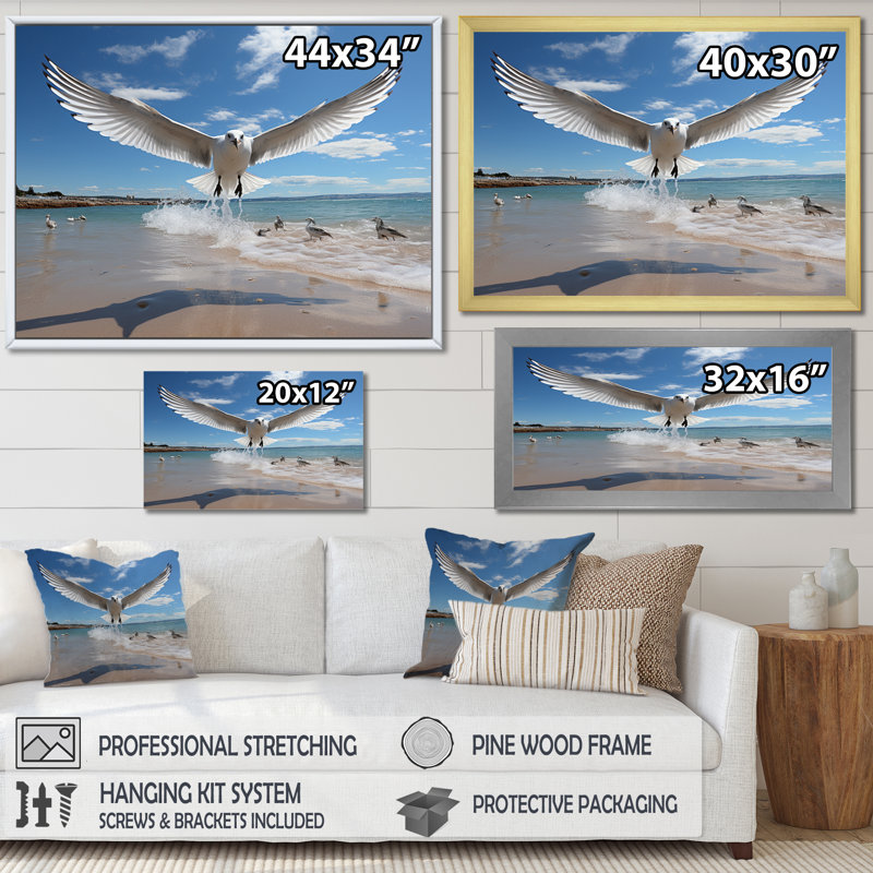 Mouettes bleues en vol à la plage - animaux, art mural dans le salon, H 12 po x l 20 po x P 1 po, Cadre naturel flottant