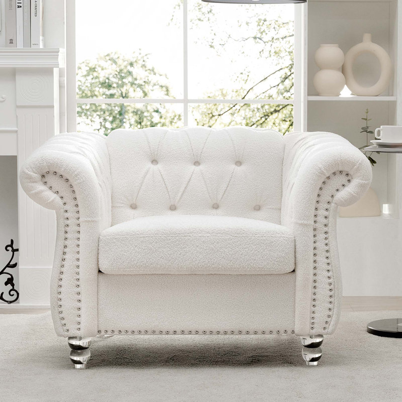 Fauteuil d'appoint capitonné et rembourré pour le salon, Polyester blanc, Transparent