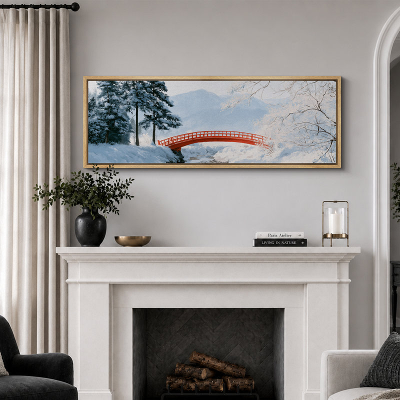 Tableau représentant un paysage hivernal japonais enneigé avec un pont rouge, impression giclée sur toile encadrée (3 pièces), idéal pour le salon.