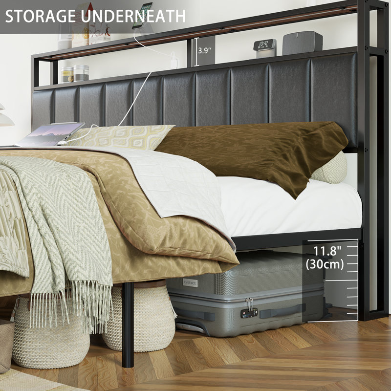 King Rustic Brown Metal Frame Upholstered Bed with Storage and LED