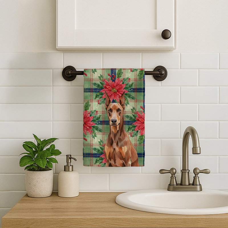 Red Doberman Pinscher Christmas PoinsettIas Kitchen Towel, Red Doberman Pinscher