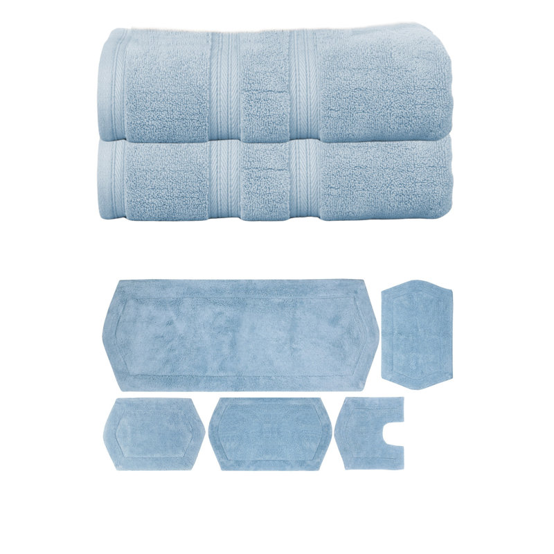 Bryd Collection 100% Soft Cotton 2 Pc Bath Towel Set & 5 Pc Bath Rug Set, (Set of 7), Blue