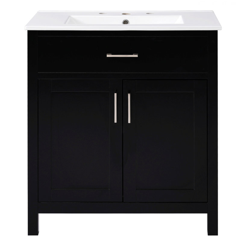 Meuble-lavabo autoportant contemporain avec lavabo et tiroir en céramique, Noir, noir, noir, noir