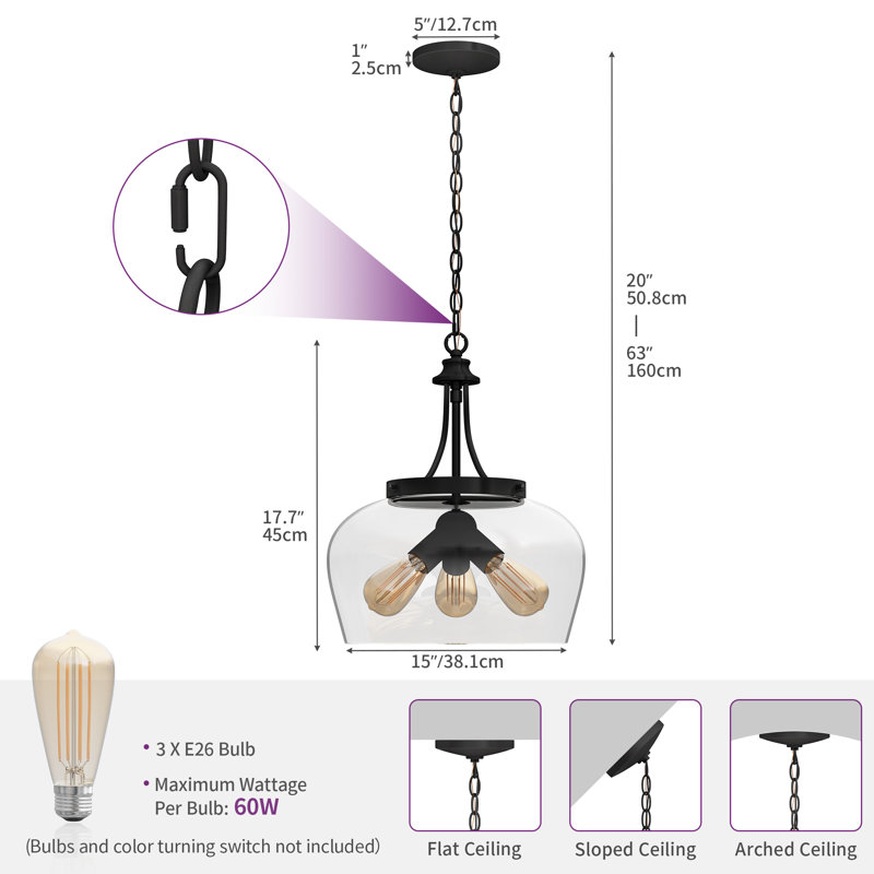 Matte Black 3-Light Pendant with Clear Glass Shade