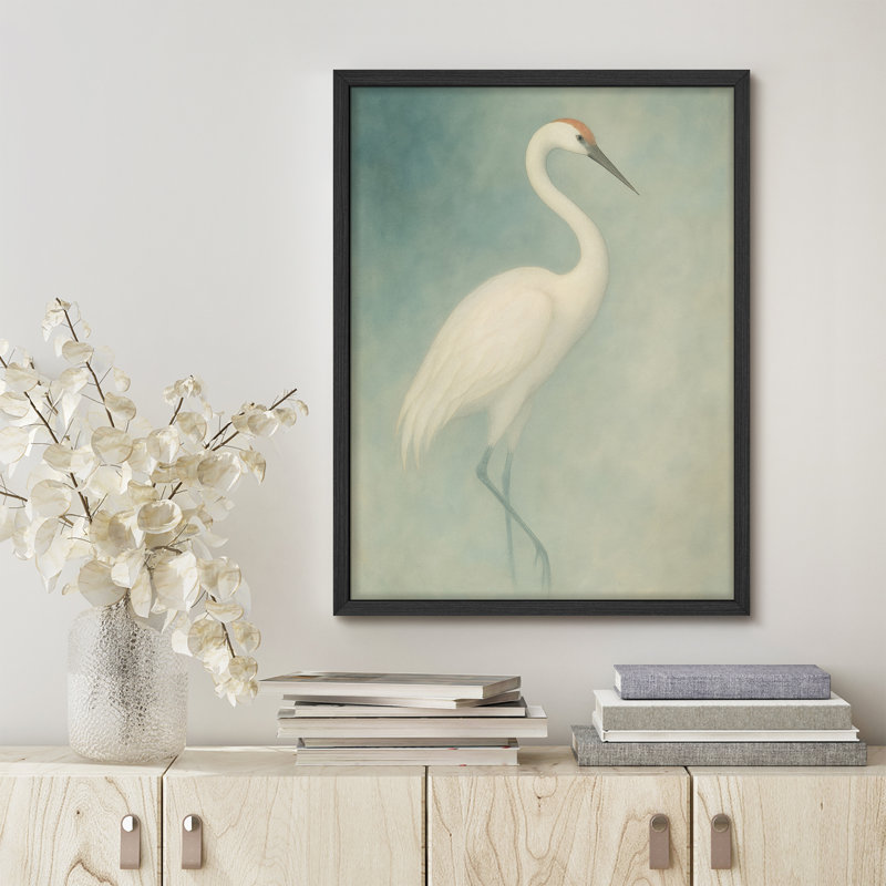 Reproduction d'art murale encadrée - grue blanche élégante sur fond bleu-vert, art de la nature minimaliste pour les chambres à coucher ou les vestibules