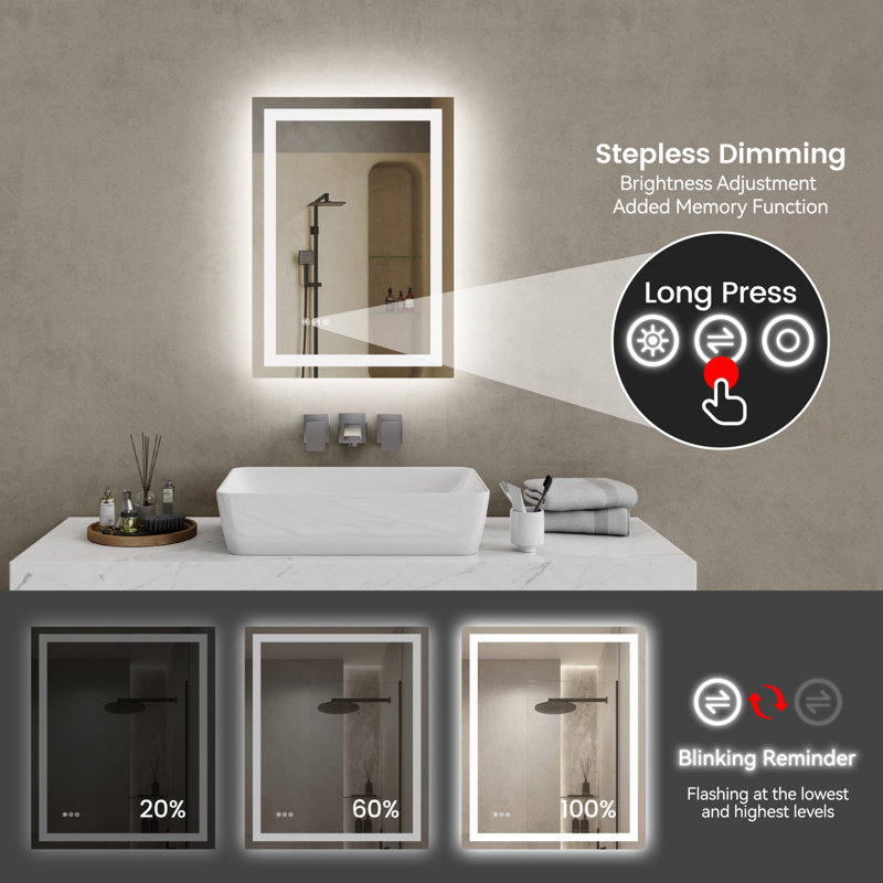 Miroir de salle de bain à DEL, éclairé à l'avant et à l'arrière, gradable en continu, 3 CRI90 +, mémoire de luminosité, incassable, miroir de meuble-lavabo à DEL antibuée, miroir