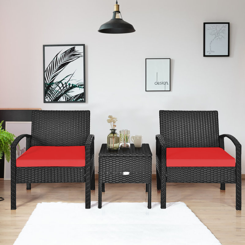 Ensemble de conversation en rotin de trois articles avec coussins, Rouge, Gris