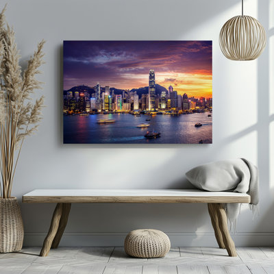 Canvas A Panoramic View Of A Vibrant City Skyline At Dusk Wall Art Showcasing Towering Skyscrapers Illuminated By A Warm Glow Against Canvas Wall Art
