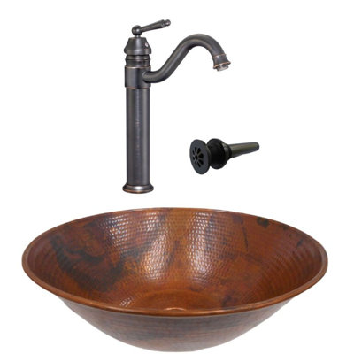 14" Round Natural Copper Vessel Bathroom Sink 13" Classic Faucet Kit