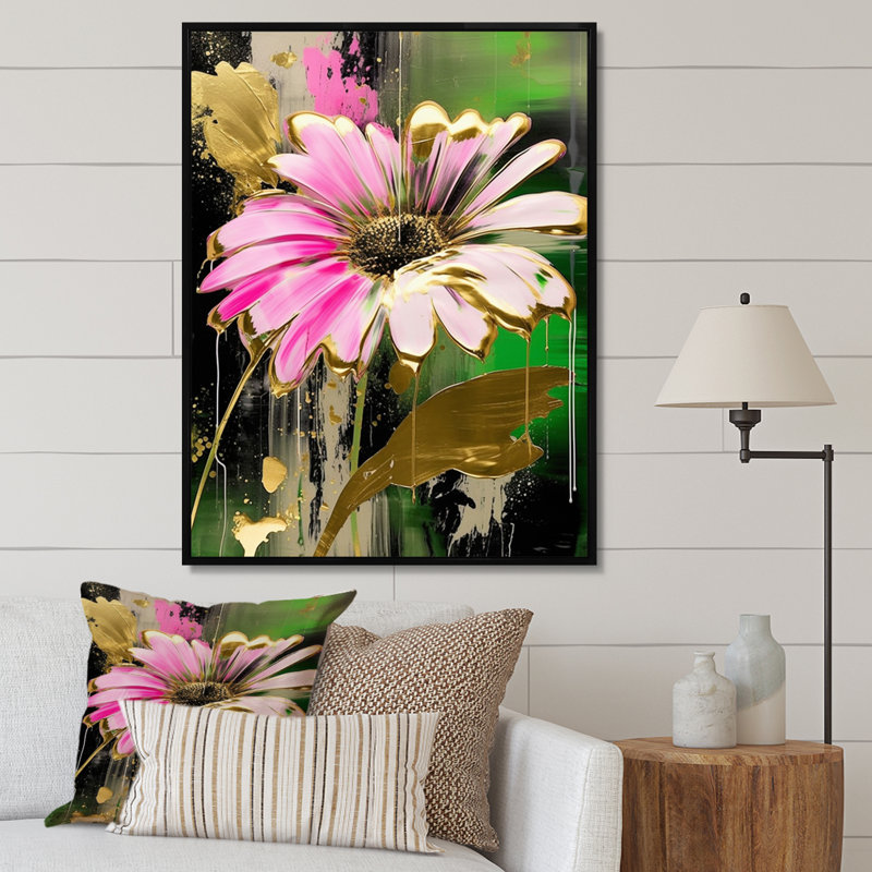 «Gold Fushia Pink Daisies Flower Fusion» sur impression sur toile, Cadre flottant noir, H 32 po x l 24 po x P 1 po
