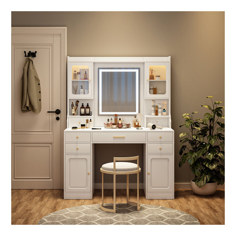 Grande coiffeuse avec miroir, 6 tiroirs et tablettes, bureau de commode