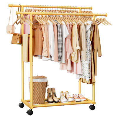 Double Rod Clothing Rack with Fixed Extension Rod & Universal Wheels