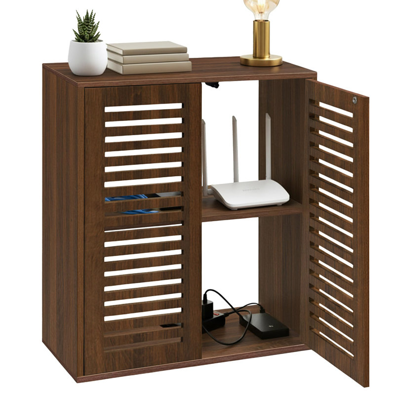 27" Wide Wifi Router Storage Cabinet And Cable Management Box - Walnut, Brown