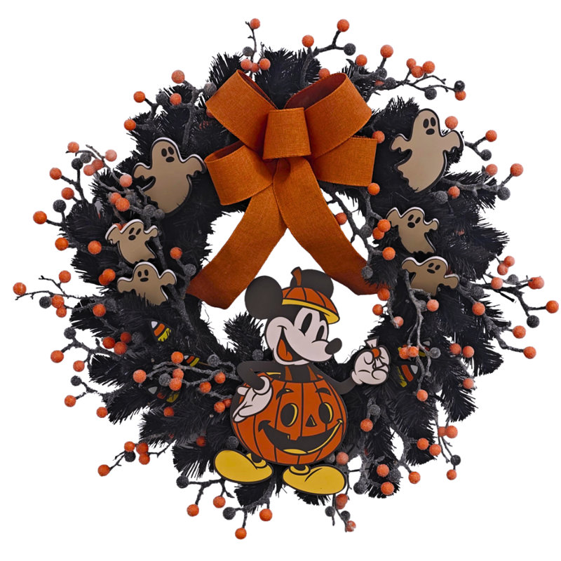 Couronne d'Halloween Disney Mickey Mouse de 66 cm (26 pouces) préilluminée avec 45 lumières DEL, décoration orange et noire