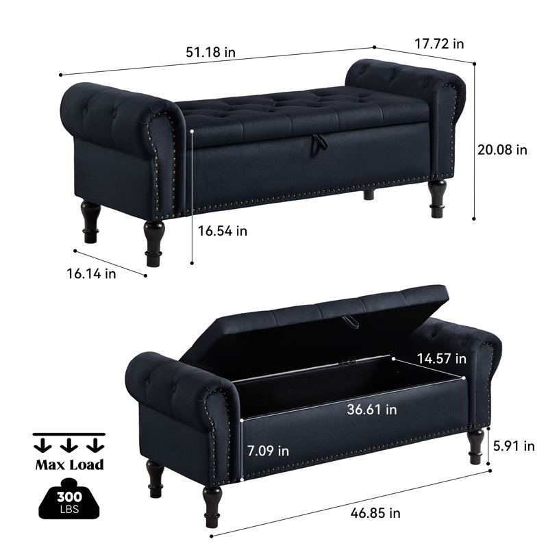 Banc de rangement capitonné capitonné avec accents cloutés et accoudoirs courbés, Black